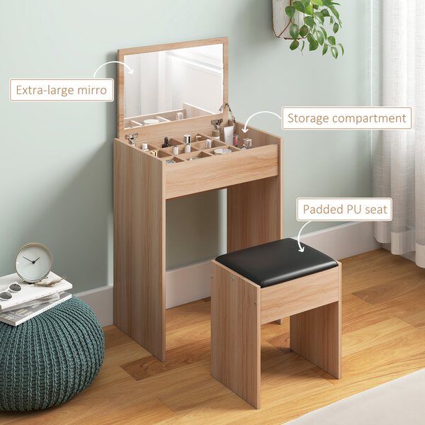 HOMCOM Dressing Table Set Padded Stool Dresser with Flip-up Mirror Multi-purpose - Wood Grain