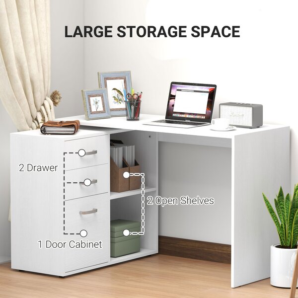 HOMCOM Corner Computer Desk with Drawer, Shelf, and File Cabinet, L-Shaped Workstation, Home Office Desk, White Aosom UK
