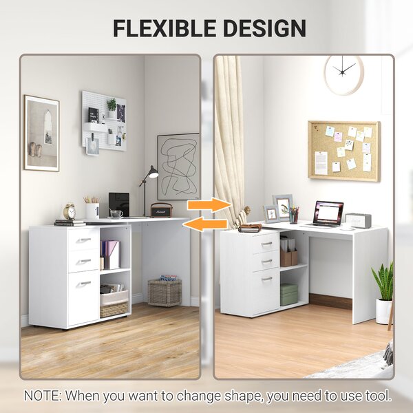 HOMCOM Corner Computer Desk with Drawer, Shelf, and File Cabinet, L-Shaped Workstation, Home Office Desk, White Aosom UK