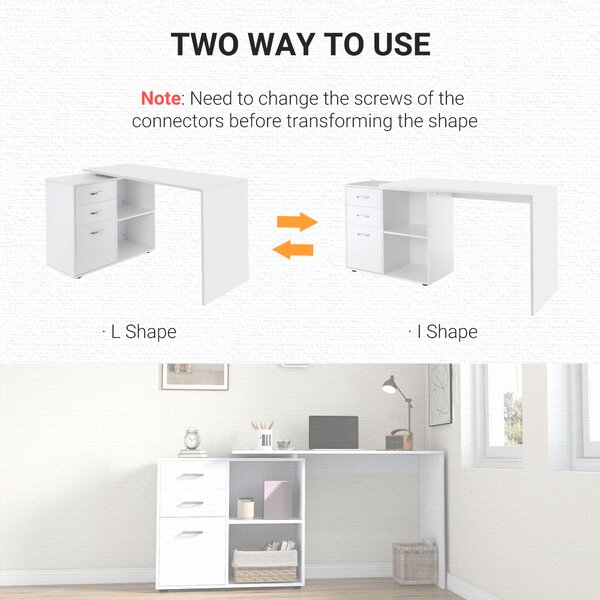 HOMCOM Corner Computer Desk with Drawer, Shelf, and File Cabinet, L-Shaped Workstation, Home Office Desk, White Aosom UK