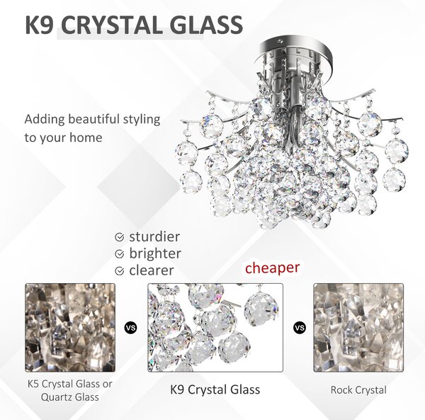 HOMCOM Crystal Chandelier w/ K9 Crystal Droplets, 3 Lights Mordern Style Ceiling Lamp for Living Room, Bedroom, Dining Room, Transparent Aosom UK