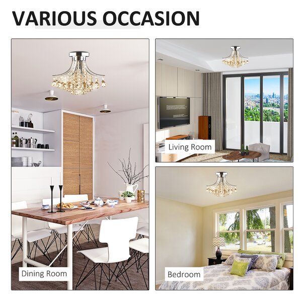 HOMCOM Crystal Chandelier w/ K9 Crystal Droplets, 3 Lights Mordern Style Ceiling Lamp for Living Room, Bedroom, Dining Room, Transparent Aosom UK