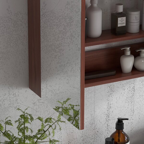Kleankin Wall Mounted Glass Bathroom Mirror Cabinet with Storage Shelf, Light Walnut Finish, 63W x 60H x 13.5T cm Aosom UK