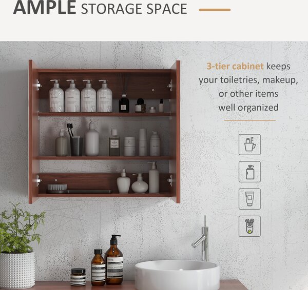 Kleankin Wall Mounted Glass Bathroom Mirror Cabinet with Storage Shelf, Light Walnut Finish, 63W x 60H x 13.5T cm Aosom UK