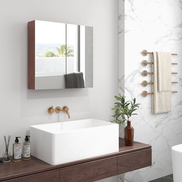 Kleankin Wall Mounted Glass Bathroom Mirror Cabinet with Storage Shelf, Light Walnut Finish, 63W x 60H x 13.5T cm Aosom UK