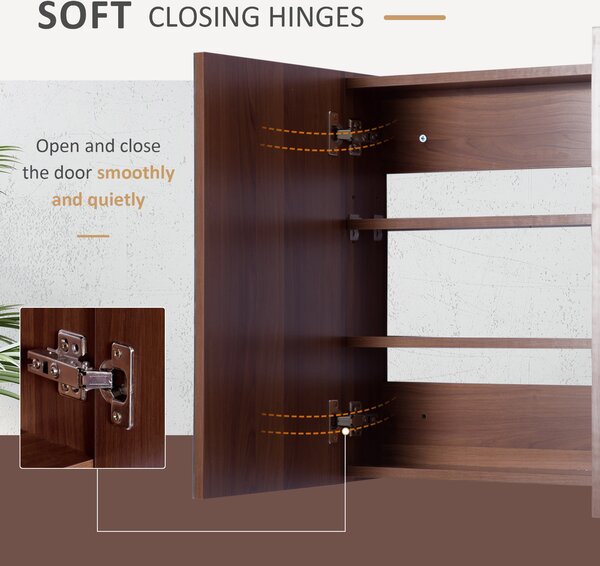 Kleankin Wall Mounted Glass Bathroom Mirror Cabinet with Storage Shelf, Light Walnut Finish, 63W x 60H x 13.5T cm Aosom UK