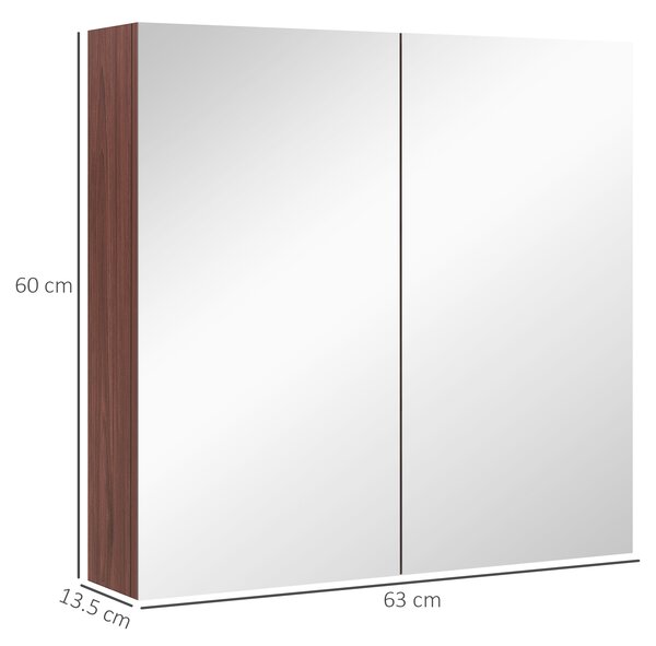 Kleankin Wall Mounted Glass Bathroom Mirror Cabinet with Storage Shelf, Light Walnut Finish, 63W x 60H x 13.5T cm Aosom UK