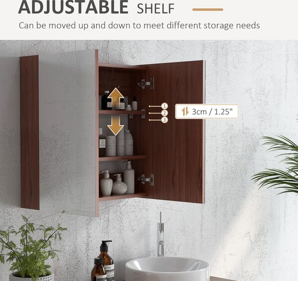 Kleankin Wall Mounted Glass Bathroom Mirror Cabinet with Storage Shelf, Light Walnut Finish, 63W x 60H x 13.5T cm Aosom UK
