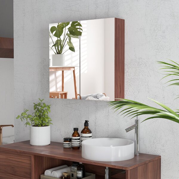 Kleankin Wall Mounted Glass Bathroom Mirror Cabinet with Storage Shelf, Light Walnut Finish, 63W x 60H x 13.5T cm Aosom UK
