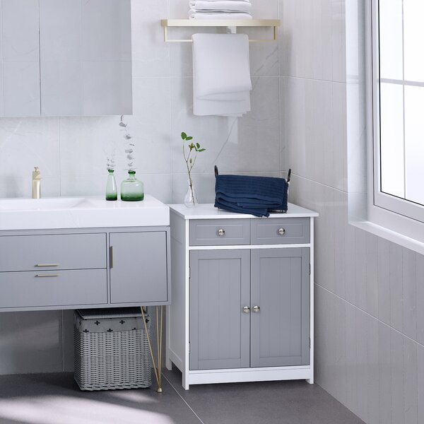 Kleankin Bathroom Cabinet: Freestanding Unit with 2 Drawers, Adjustable Shelf & Metal Handles, 75x60cm, Grey & White Aosom UK