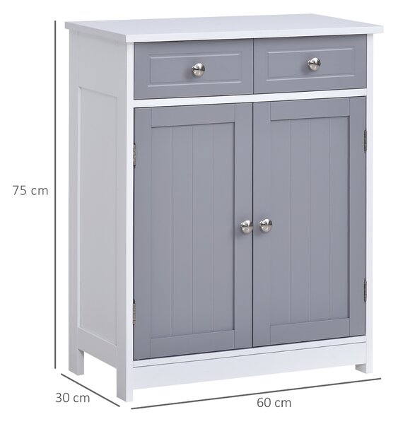 Kleankin Bathroom Cabinet: Freestanding Unit with 2 Drawers, Adjustable Shelf & Metal Handles, 75x60cm, Grey & White Aosom UK