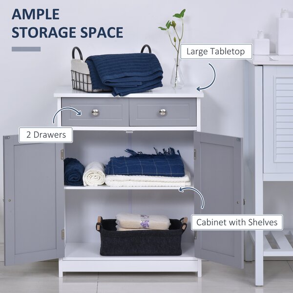Kleankin Bathroom Cabinet: Freestanding Unit with 2 Drawers, Adjustable Shelf & Metal Handles, 75x60cm, Grey & White Aosom UK