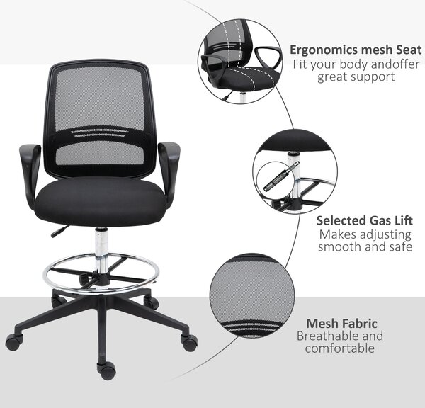 Vinsetto Ergonomic Mesh Back Draughtsman Chairs Tall Office Chair with Adjustable Height and Footrest 360° Swivel, Set of 5 Aosom UK