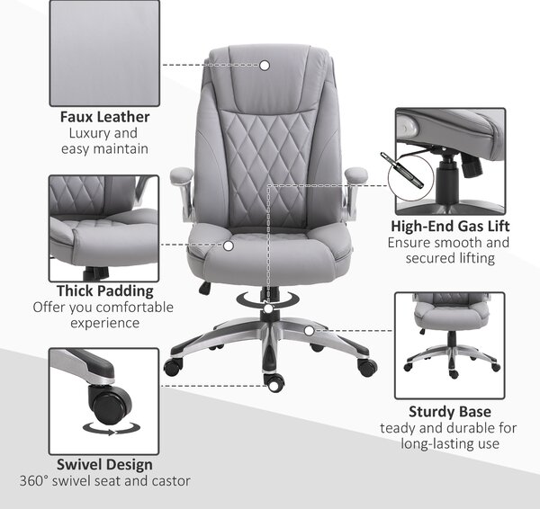 Vinsetto High Back Executive Office Chair Home Swivel PU Leather Ergonomic Chair, with Flip-up Arm, Wheels, Adjustable Height, Grey
