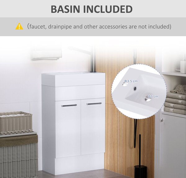Kleankin Freestanding Vanity Unit, 500mm Under Sink Bathroom Cabinet with Ceramic Basin and Storage, Home Furniture, White Aosom UK