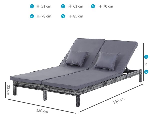 Outsunny 2 Seater Garden Double Rattan Sun Lounger Companion Reclining Recliner Wicker Weave Patio Outdoor Furniture Cushioned - Grey