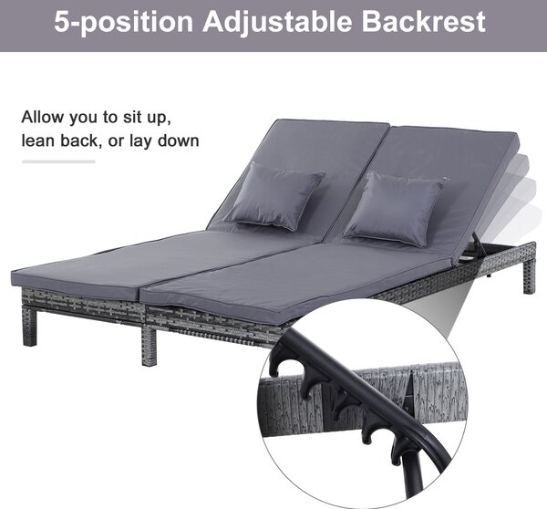 Outsunny 2 Seater Garden Double Rattan Sun Lounger Companion Reclining Recliner Wicker Weave Patio Outdoor Furniture Cushioned - Grey