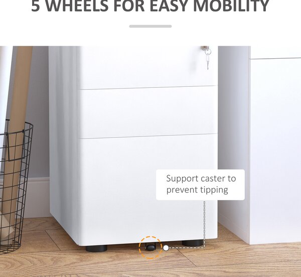 Vinsetto Fully Assembled 3 Drawer Steel Metal Filing Cabinet Lockable Rolling Vertical File Cabinet White