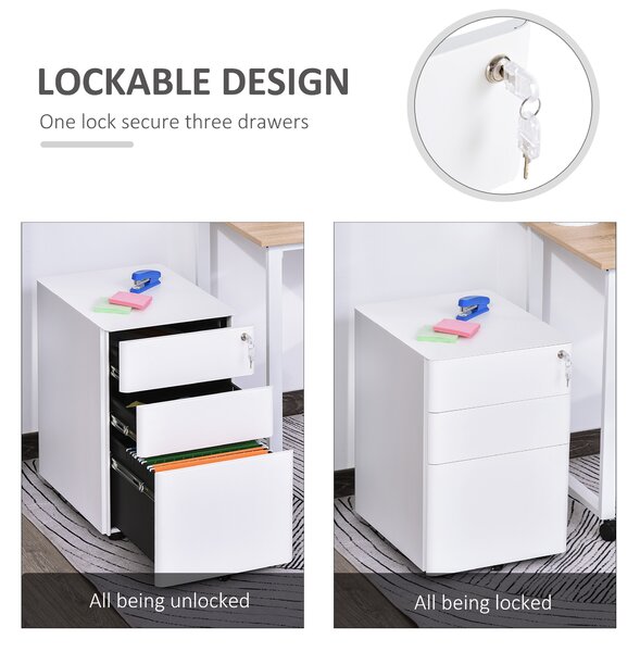 Vinsetto Fully Assembled 3 Drawer Steel Metal Filing Cabinet Lockable Rolling Vertical File Cabinet White