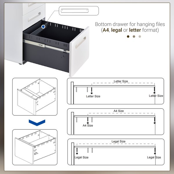 Vinsetto Fully Assembled 3-Drawer Mobile File Cabinet Lockable All-Metal Rolling Vertical File Cabinet White Aosom UK