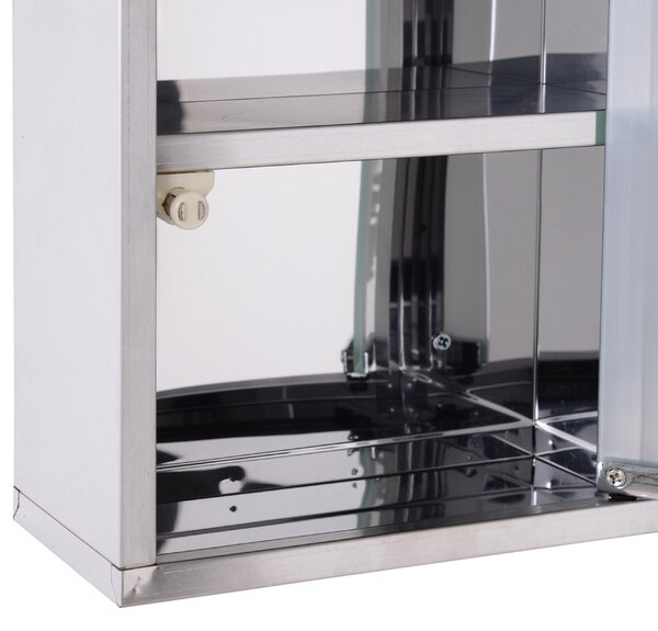 HOMCOM Lockable Medicine Cabinet: Stainless Steel Wall-Mounted Unit with 2 Shelves & Security Glass Door, 48cm Height Aosom UK