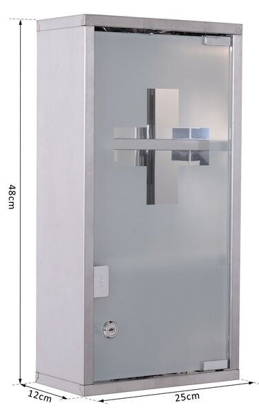 HOMCOM Lockable Medicine Cabinet: Stainless Steel Wall-Mounted Unit with 2 Shelves & Security Glass Door, 48cm Height Aosom UK