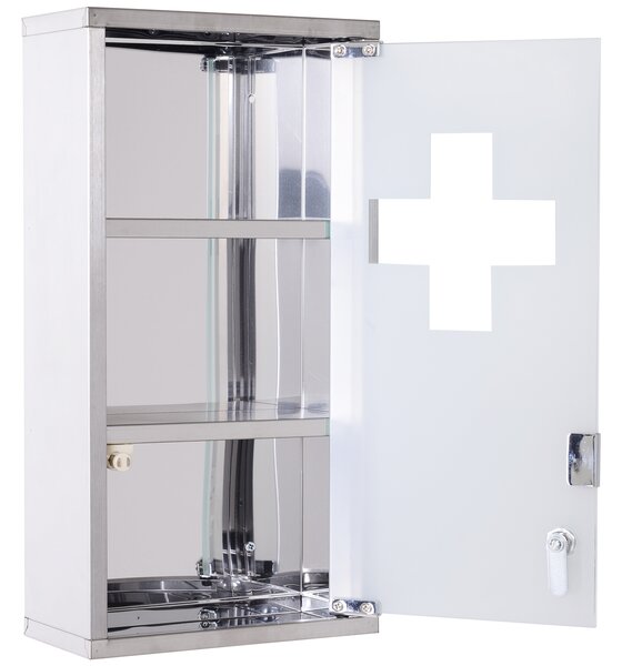 HOMCOM Lockable Medicine Cabinet: Stainless Steel Wall-Mounted Unit with 2 Shelves & Security Glass Door, 48cm Height Aosom UK