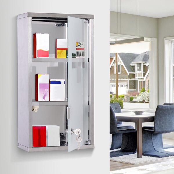 HOMCOM Lockable Medicine Cabinet: Stainless Steel Wall-Mounted Unit with 2 Shelves & Security Glass Door, 48cm Height Aosom UK