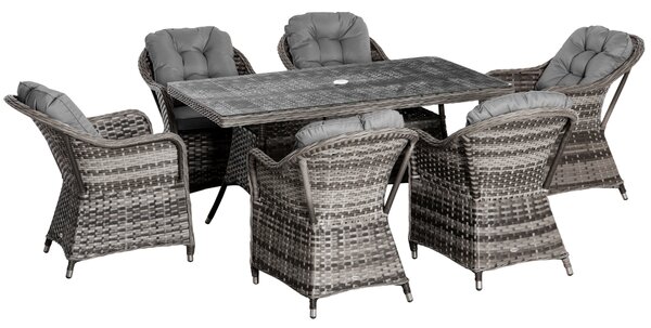 Outsunny 7 PCs Outdoor Patio PE Rattan Wicker Dining Set Furniture, w/ Tempered Glass Table Top & Umbrella Hole, Cushioned Grey