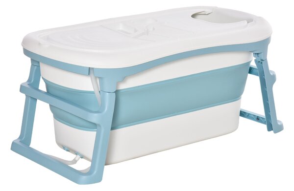 HOMCOM Folding Baby Bath Tub for Toddlers Kids Portable with Non-Slip Pads Top Cover for 1-12 Years Blue