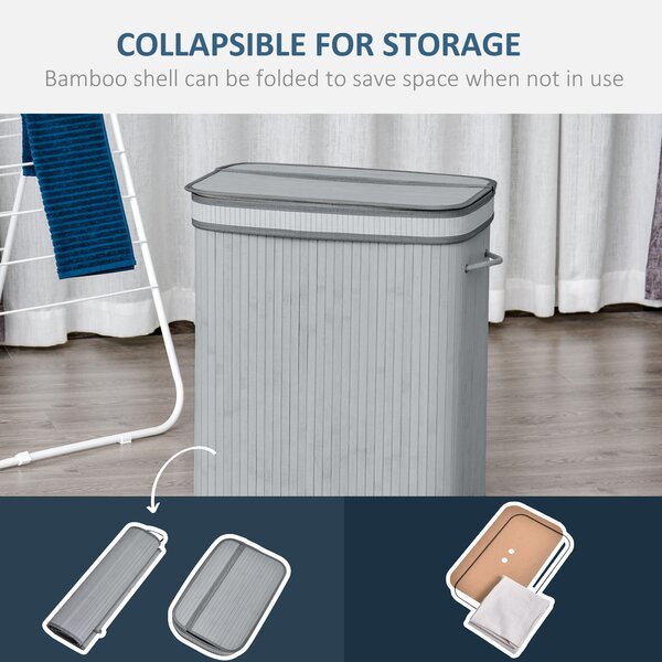 HOMCOM Laundry Basket, 100L Natural Wood, Single Compartment with Flip Lid, Removable Liner, Handles, Grey Aosom UK