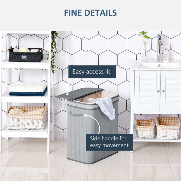 HOMCOM Laundry Basket, 100L Natural Wood, Single Compartment with Flip Lid, Removable Liner, Handles, Grey Aosom UK