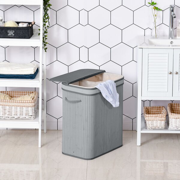 HOMCOM Laundry Basket, 100L Natural Wood, Single Compartment with Flip Lid, Removable Liner, Handles, Grey Aosom UK