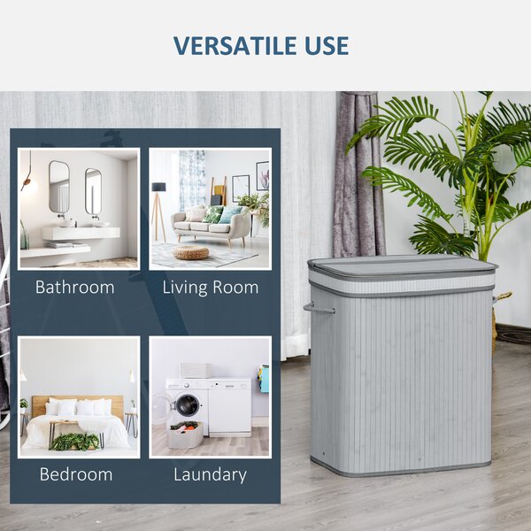 HOMCOM Laundry Basket, 100L Natural Wood, Single Compartment with Flip Lid, Removable Liner, Handles, Grey Aosom UK
