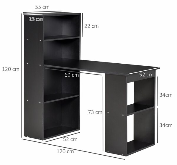 HOMCOM 120cm Modern Computer Desk Bookshelf Writing Table Workstation PC Laptop Study Home Office 6 Shelves Black Aosom UK