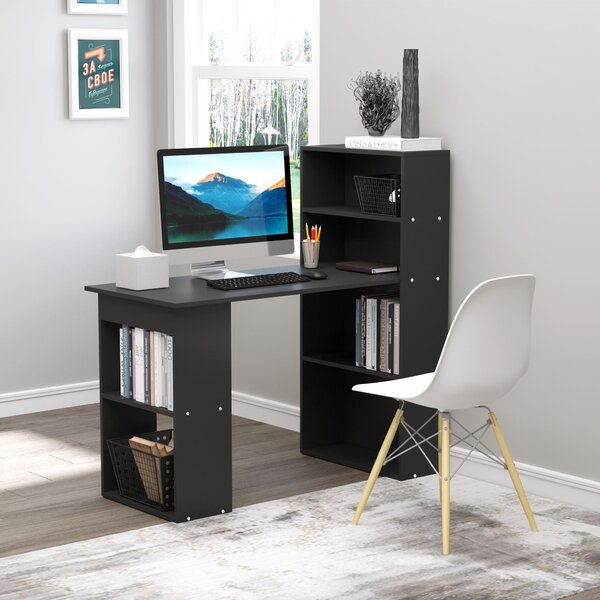 HOMCOM 120cm Modern Computer Desk Bookshelf Writing Table Workstation PC Laptop Study Home Office 6 Shelves Black Aosom UK