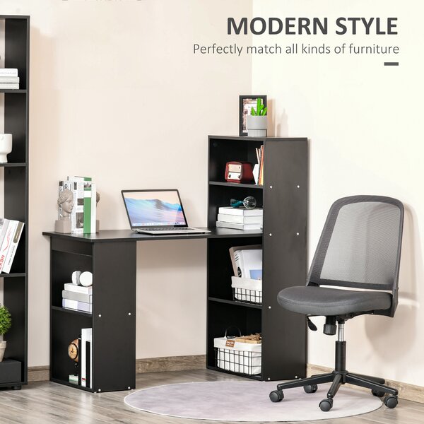 HOMCOM 120cm Modern Computer Desk Bookshelf Writing Table Workstation PC Laptop Study Home Office 6 Shelves Black Aosom UK