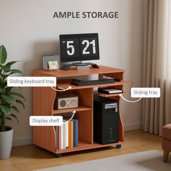 HOMCOM Computer Desk on Wheels, Movable Workstation with Sliding Keyboard Tray, Storage Shelves, 80x48x76cm Aosom UK