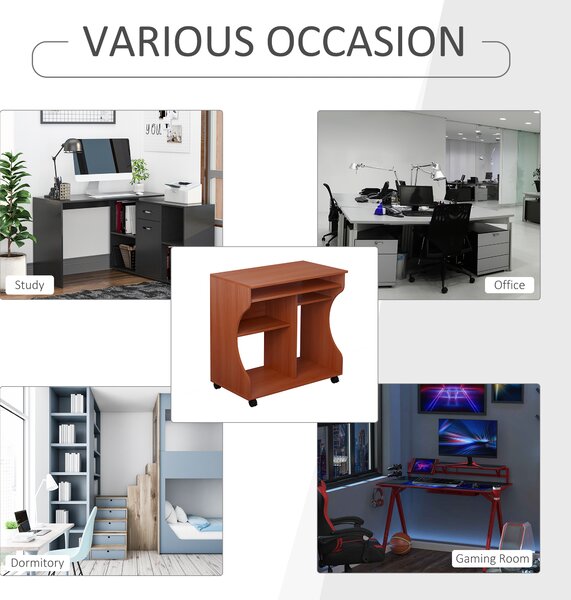 HOMCOM Computer Desk on Wheels, Movable Workstation with Sliding Keyboard Tray, Storage Shelves, 80x48x76cm Aosom UK