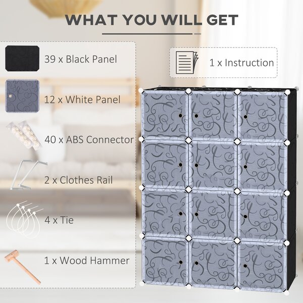 HOMCOM Modular Wardrobe: Interlocking Plastic Cubes for Bedroom Clothes Storage, White Organiser Aosom UK