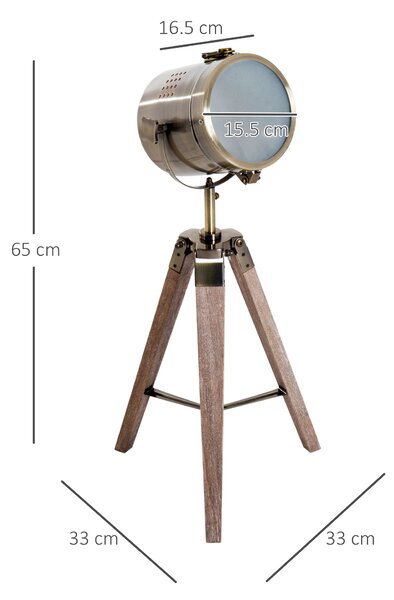 HOMCOM Bedside Light, Vintage Tripod Table Desk Lamp, Spotlight, Brass Antique Searchlight with Folded Wooden Base Aosom UK