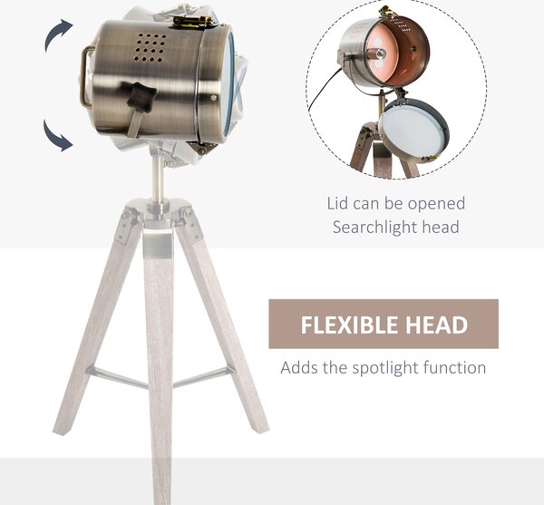 HOMCOM Bedside Light, Vintage Tripod Table Desk Lamp, Spotlight, Brass Antique Searchlight with Folded Wooden Base Aosom UK