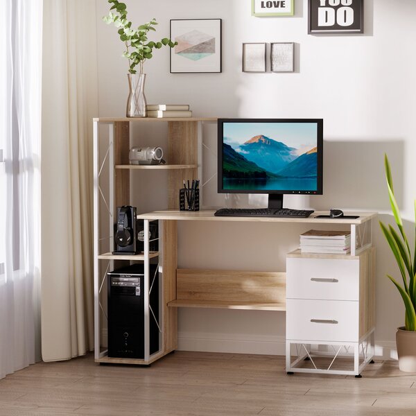 HOMCOM Office Table with Drawers & Shelves, Desk with Shelves, PC Workstation for Home Office, Study Furniture, Wooden Aosom UK