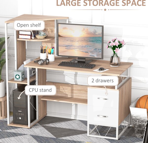 HOMCOM Office Table with Drawers & Shelves, Desk with Shelves, PC Workstation for Home Office, Study Furniture, Wooden Aosom UK