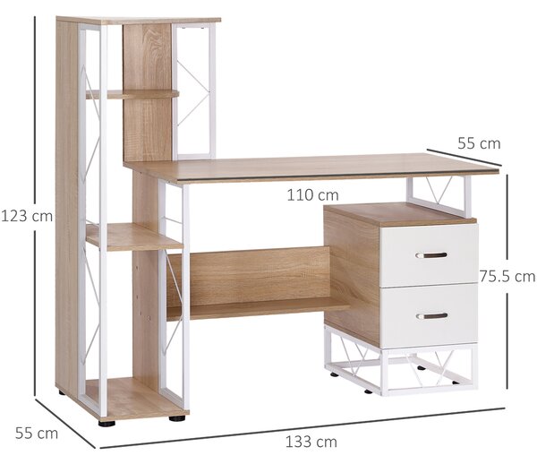 HOMCOM Office Table with Drawers & Shelves, Desk with Shelves, PC Workstation for Home Office, Study Furniture, Wooden Aosom UK