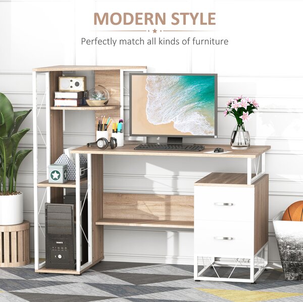 HOMCOM Office Table with Drawers & Shelves, Desk with Shelves, PC Workstation for Home Office, Study Furniture, Wooden Aosom UK