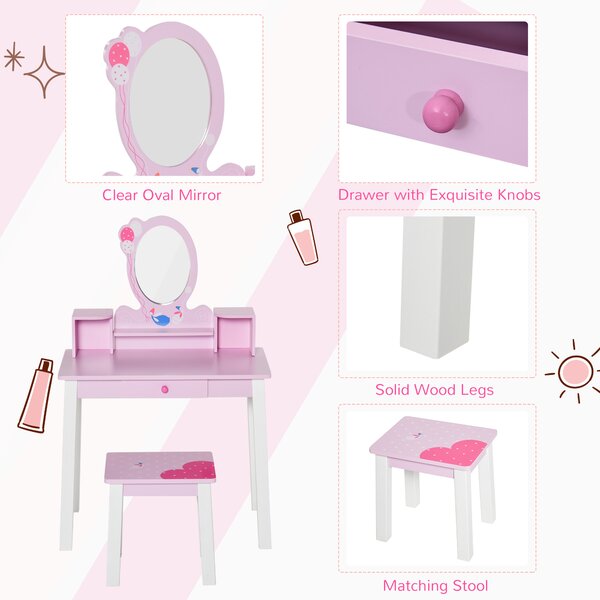 HOMCOM 2 PCS Kids Wooden Dressing Table & Stool Girls Vanity Table Makeup Table Set w/ Mirror Drawers Role Play for Toddlers 3 Year+ Aosom UK