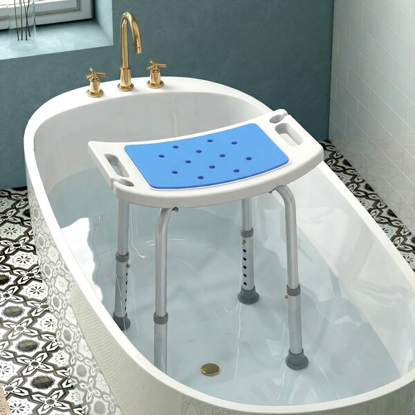 HOMCOM 6-Level Height Adjustable Aluminium Bath Room Stool Chair Shower Non-Slip Design w/ Padded Seat Drainiage Holes Foot Pad - Blue Aosom UK