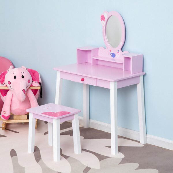 HOMCOM 2 PCS Kids Wooden Dressing Table & Stool Girls Vanity Table Makeup Table Set w/ Mirror Drawers Role Play for Toddlers 3 Year+ Aosom UK