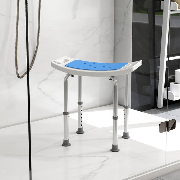 HOMCOM 6-Level Height Adjustable Aluminium Bath Room Stool Chair Shower Non-Slip Design w/ Padded Seat Drainiage Holes Foot Pad - Blue Aosom UK